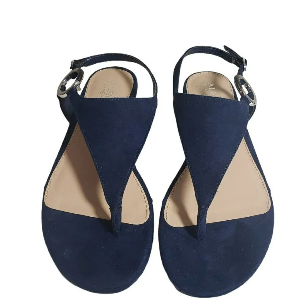 Alfani Womens Hayydenf Navy Open Toe Thong Slingback Buckle Flat Sandals Sz 6.5